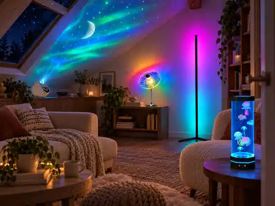 An attic loft, lit for the night