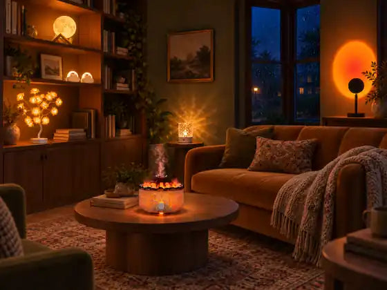 A reading corner, warmed up for the evening